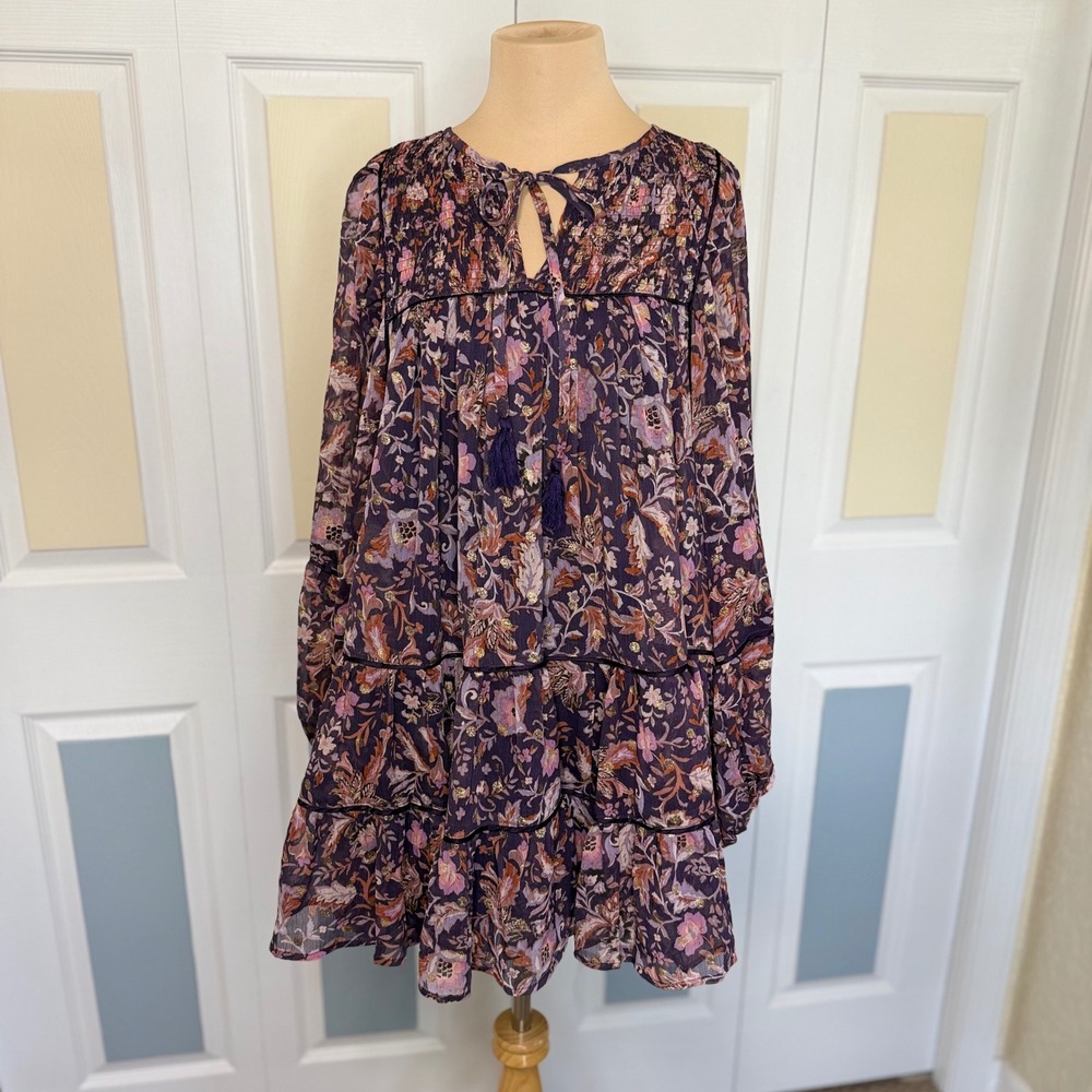Talulah Purple Floral Gold Metallic Tiered Babydoll Mini Dress Women Size S Boho